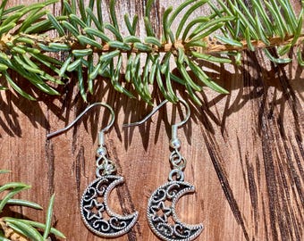 Crescent Moon Earrings: Celestial Boho Jewelry, sterling silver plated