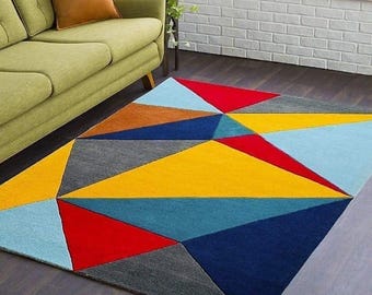 Alfombra geométrica de lana, alfombra colorida estilo Bauhaus, hogar moderno de mediados de siglo.