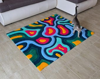 Colorful Abstract Wool Rug, Hand Tufted Psychedelic Area Carpet, Groovy Living Room Decor