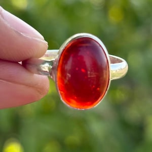 May include: A silver ring featuring a large, oval-shaped, deep red gemstone. The ring's band is a simple, polished silver, and the gemstone is the focal point, catching the light with its rich color. The ring is held up against a blurred green background.