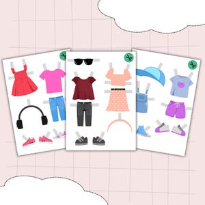 May include: Three paper doll sheets featuring a variety of outfits. The outfits include a red dress, pink t-shirts, blue jeans, black sunglasses, a maroon top, grey trousers, a pink polka dot dress, a blue hat, and purple shorts.