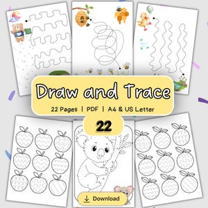 Op de afbeelding: Een verzameling van 22 printbare educatieve werkbladen getiteld Draw and Trace, met diverse overtrek-oefeningen met illustraties van een beer, bijen, een eend, appels en een koala, beschikbaar in PDF-formaat voor A4 en US Letter papier.