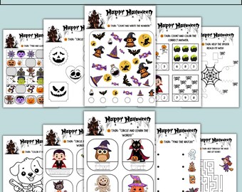 Halloween Activity Pack for Kids, Printable Worksheets with Mazes, Counting & Matching, Preschool, Kindergarten