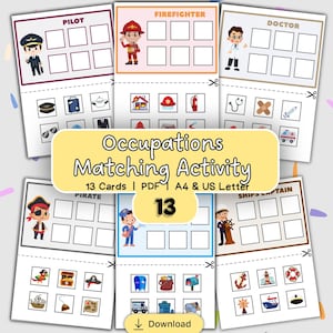 May include: Educational matching activity cards featuring various occupations like pilot, firefighter, and doctor. Each card has a picture of the occupation and matching images. The set includes 13 cards and is designed for educational play.