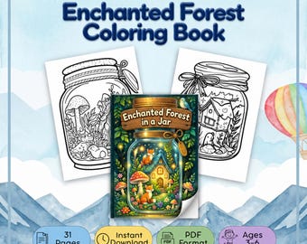 Op de afbeelding: Knowledge Web Enchanted Forest kleurboek met een omslagillustratie van een pot met een huisje, vossen en paddenstoelen. Twee zwart-wit kleurplaten tonen scènes in potten. De tekst op de omslag is Enchanted Forest in a Jar.