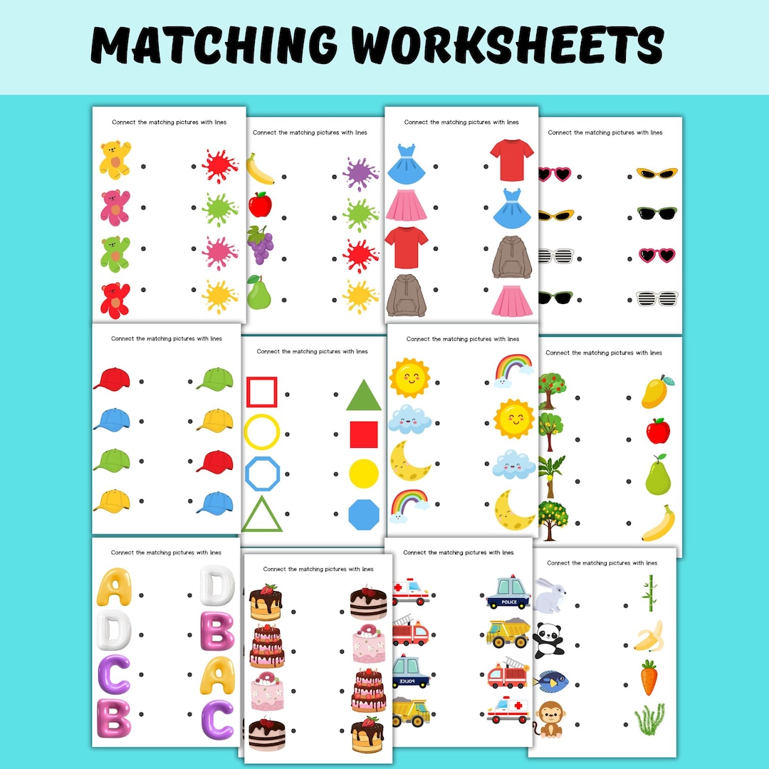 Printable Kids Matching Activity: 40-page Learning Worksheets (PDF) - Etsy