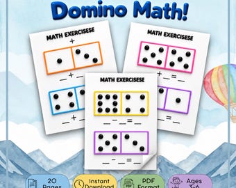 May include: Three white sheets of paper titled MATH EXERCISESE featuring colorful domino outlines with black dots. The sheets include addition problems with blank lines for answers. The text Knowledge Web Domino Math! is at the top.