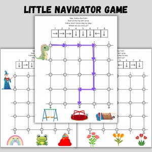 May include: A Little Navigator Game worksheet with a grid, arrows, and illustrations of a dinosaur, swing set, and other objects. The text "LITTLE NAVIGATOR GAME" is at the top.