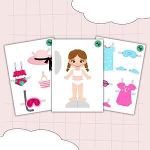 May include: A paper doll set featuring a girl and several outfits. The set includes a pink sun hat, swimsuit, sleepwear, and accessories. The girl has brown hair and is wearing white underwear. The outfits are designed to be cut out and played with.