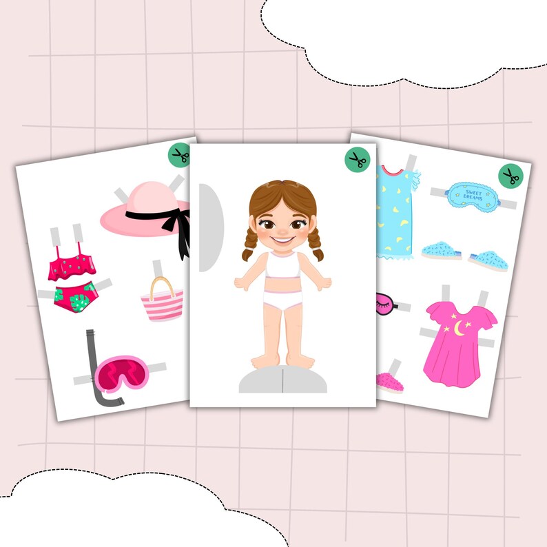May include: A paper doll set featuring a girl and several outfits. The set includes a pink sun hat, swimsuit, sleepwear, and accessories. The girl has brown hair and is wearing white underwear. The outfits are designed to be cut out and played with.