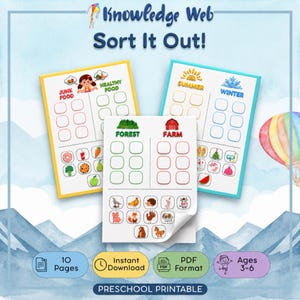 以下が含まれることがあります： Knowledge Web Sort It Outというタイトルの子供向け教育用仕分けアクティビティシート3枚。各ページには、ジャンクフード、健康食品、夏、冬、森、農場の動物などのアイテムを分類するためのカラフルなグラフィックと空のボックスが描かれています。