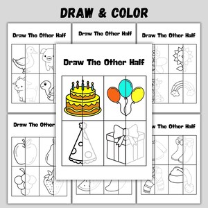 May include: A children's activity book with the text "DRAW & COLOR" and "Draw The Other Half". The pages feature illustrations of objects and animals, with one half of each image drawn and the other half blank for completion.