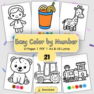 May include: A digital collection of 21 Easy Color by Number pages in PDF format, compatible with A4 and US Letter sizes. The set features black and white line art illustrations of a child, a drink, a giraffe, a bear, a tractor, and a train.