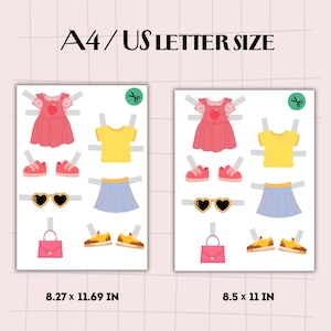 May include: Two paper doll sets with clothing and accessories. Each set includes a pink dress, yellow shirt, blue skirt, heart-shaped sunglasses, a pink purse, and sneakers. The text "A4 / US LETTER SIZE" is at the top, with dimensions of 21 x 29.7 cm and 21.6 x 27.9 cm.