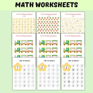 Puede incluir: Hojas de trabajo de matemáticas con el título "MATH WORKSHEETS" en la parte superior. Las hojas de trabajo presentan actividades basadas en números, incluyendo ejercicios de "Escribir los números que faltan" y "Encontrar el número", con ilustraciones coloridas.