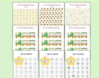 May include: Math worksheets with the title "MATH WORKSHEETS" at the top. The worksheets feature number-based activities, including "Write the Missing Numbers" and "Find the Number" exercises, with colorful illustrations of stars, carrots, trains, and flowers.