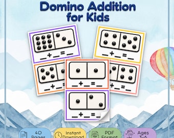 May include: A digital educational worksheet titled Knowledge Web Domino Addition for Kids featuring five rectangular cards with domino illustrations and addition equations. The printable includes 40 pages in PDF format for ages 3-6, with a hot air balloon.