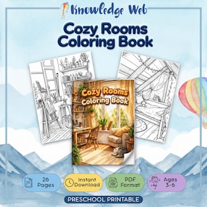 May include: A digital coloring book titled Cozy Rooms Coloring Book featuring 26 pages in PDF format for ages 3-6. The cover displays a warm, sunlit room with a cat, while two interior pages show black and white line art of cozy indoor scenes.