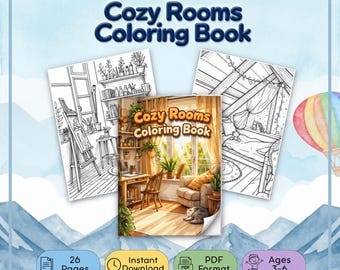 Könnte beinhalten: Ein digitales Malbuch mit dem Titel Cozy Rooms Coloring Book mit 26 Seiten im PDF-Format für Kinder von 3-6 Jahren. Das Cover zeigt einen sonnendurchfluteten Raum mit einer Katze, während zwei Innenseiten schwarz-weiße Strichzeichnungen zeigen.