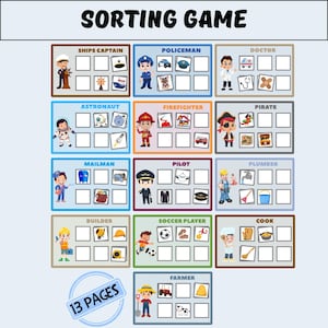 May include: A colorful sorting game with the title "SORTING GAME" at the top. The game features illustrations of various professions, including a ship's captain, policeman, doctor, astronaut, firefighter, pirate, mailman, pilot, plumber, builder, soccer player, cook, and farmer. The text "13 PAGES" is also visible.