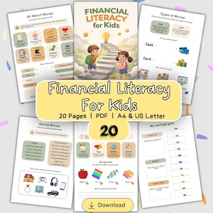 Op de afbeelding: Educatieve printbare set getiteld "Financial Literacy for Kids". De kleurrijke pagina's leren over geld, sparen en budgetteren. Bevat werkbladen, een mini-winkelspel en een spaardoeltracker. De set is 20 pagina's en beschikbaar in PDF-formaat.