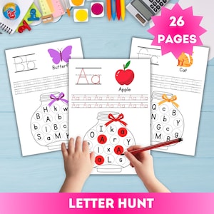 Hojas de trabajo de búsqueda de letras del alfabeto / Juego de rastreo y reconocimiento del abecedario / Paquete educativo imprimible para niños / A4 + PDF de letras de EE. UU.