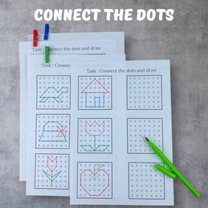 May include: White paper sheets with dot-to-dot puzzles, featuring images of a turtle, house, and flower. The text "CONNECT THE DOTS" is at the top. A green marker and colorful clips are also visible.