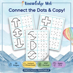 Puede incluir: Un conjunto de actividades imprimibles para preescolar titulado Knowledge Web Connect the Dots & Copy! con 28 páginas en formato PDF para edades de 3 a 6 años. Las hojas muestran cuadrículas de puntos con formas geométricas a copiar.