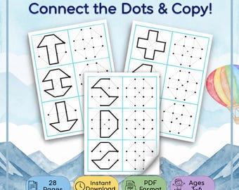 Op de afbeelding: Een voorschoolse printbare activiteitenset getiteld Knowledge Web Connect the Dots & Copy! met 28 pagina's in PDF-formaat voor kinderen van 3-6 jaar. De vellen tonen rasters van stippen met geometrische vormen om na te tekenen.
