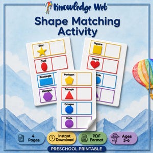 Puede incluir: Una actividad de emparejamiento de formas Knowledge Web para preescolares, que consta de tres páginas blancas con formas coloridas que incluyen una estrella amarilla, un óvalo rojo, un rectángulo azul, un hexágono morado, un pentágono amarillo, un triángulo rojo, un octágono azul y un círculo morado.