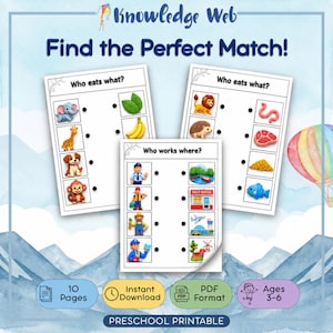 Pode incluir: Três folhas de atividades educativas intituladas Knowledge Web Find the Perfect Match! com exercícios de correspondência para crianças. As páginas incluem Who eats what? e Who works where? com ilustrações coloridas de animais, comida e profissões.