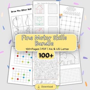 May include: A bundle of printable fine motor skills activities. The pages include connect-the-dots, drawing, and coloring exercises. The bundle includes over 100 pages and is available in PDF format, A4, and US Letter sizes. The text "Fine Motor Skills Bundle" is displayed.