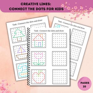 May include: A spiral-bound activity book for kids with the text "CREATIVE LINES: CONNECT THE DOTS FOR KIDS". The pages feature dot-to-dot puzzles of a tree, boat, house, tulip, apple, and other shapes. The book has 20 pages.