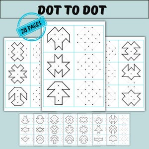 May include: A collection of dot-to-dot puzzle pages. The pages feature geometric shapes and patterns, with the text "DOT TO DOT" at the top and "28 PAGES" in a circular badge. The puzzles are designed for connecting dots to form images.
