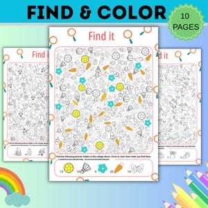 Peut inclure: Trois pages d'activités blanches avec le texte "Find it" et "Find & Color". Chaque page présente un puzzle d'images cachées avec divers objets comme des ballons de football, des fleurs et des carottes. Les pages sont conçues pour être coloriées et comprennent un compte de 10 pages.
