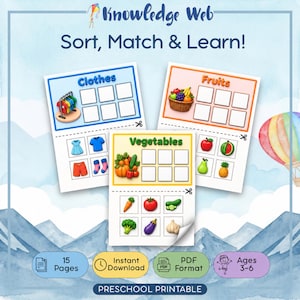 Op de afbeelding: Een voorschoolse printbare set getiteld Knowledge Web Sort, Match & Learn met drie activiteitenbladen voor kleding, fruit en groenten. De pagina's bevatten uitknipgedeelten met kleurrijke illustraties om in rasters te sorteren. 15 pagina's.
