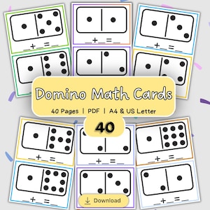 May include: A collection of printable Domino Math Cards featuring black and white domino illustrations with dots and blank addition equations. The central yellow label displays the text Domino Math Cards, 40 Pages, PDF, A4 & US Letter, 40, and Download.