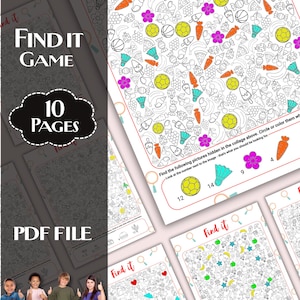 Op de afbeelding: Een digitale PDF van een "Find It"-spel met 10 pagina's. Het spel bevat kleurrijke illustraties van verschillende objecten zoals voetballen, wortelen en bloemen. De tekst "FIND IT GAME" en "10 PAGES" zijn zichtbaar.