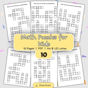 Könnte beinhalten: Eine Sammlung von ausdruckbaren Mathe-Kreuzworträtsel-Arbeitsblättern für Kinder, bestehend aus 10 Seiten im PDF-Format, kompatibel mit A4- und US-Letter-Größen. Jede Seite zeigt verschiedene Additions- und Subtraktionsgleichungen in einem Raster.