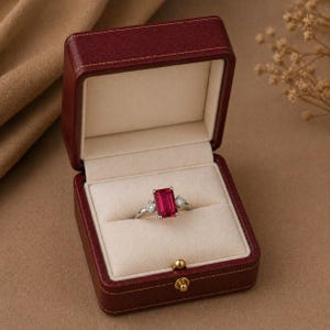 Peut inclure: Une bague en argent ornée d'une pierre rouge foncé rectangulaire et de deux pierres claires plus petites. Elle est présentée dans un écrin en cuir bordeaux ouvert, avec un intérieur crème.