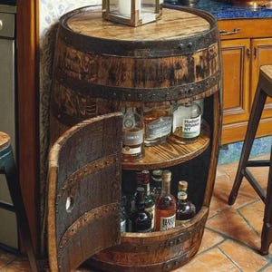 Whiskey Barrel Cabinet with Lazy Susan Shelf & Lights – Refinished Bourbon Barrel Furniture – Rustic Home Bar Decor – Personalized Gift