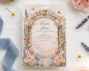 Puede incluir: Una tarjeta de invitación de boda rectangular con un arco dorado adornado con rosas rosas y flores azules. El texto dice: Eleanor and James, 9 October 2027, Villa Serbelloni, Lake Como, Italy. El fondo muestra una puesta de sol sobre el agua.