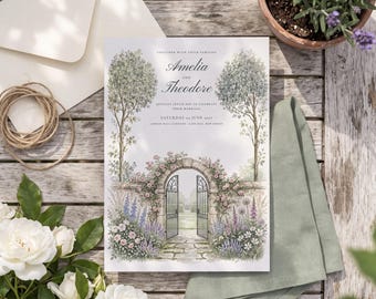 Puede incluir: Una tarjeta de invitación de boda con una ilustración en acuarela de un arco de jardín de piedra con puertas de hierro abiertas, rodeado de flores y árboles. El texto dice Amelia and Theodore, joyfully invite you to celebrate their marriage, Saturday 03 June 2027, Linden Hall Gardens, Cape May, New Jersey.