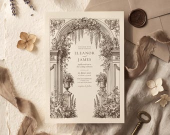 Puede incluir: Una tarjeta de invitación de boda color crema con una ilustración detallada en tinta negra de un arco de piedra adornado con flores y urnas. El texto dice: Together with their families, Eleanor and James, joyfully invite you to their wedding celebration, Saturday, 05 June 2027, at four o'clock, The Glasshouse, 16 Rose Lane, Cape May, New Jersey, reception to follow.