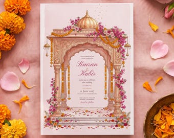 Puede incluir: Una tarjeta de invitación de boda rectangular con una ilustración detallada de un pabellón adornado con flores rosas y guirnaldas de caléndulas naranjas. El texto dice: Together with their families Simran & Kabir invite you to celebrate their wedding Saturday 12 June 2027 at 11:00 in the morning The Garden Pavilion Fresno, California lunch to follow.