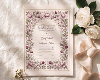 Puede incluir: Un certificado de matrimonio islámico rectangular con un borde decorativo de flores de loto rosas, pequeñas flores blancas y hojas verdes. El texto incluye caligrafía árabe y los nombres Yusuf Ahmed y Maryam Khan impresos en tinta negra sobre papel color crema.