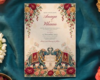 Puede incluir: Una tarjeta de invitación de boda rectangular con bordes florales en rojo, rosa y amarillo, con dos elefantes azules ilustrados frente a frente en la parte inferior. El texto dice Anaya and Vihaan, 13 November 2027 y The Grand Palace Lawns.
