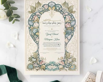 Puede incluir: Un certificado de matrimonio rectangular con un borde ornamentado de motivos florales en tonos apagados verde, azul y rosa. El texto incluye caligrafía árabe, los nombres Yusuf Ahmed y Maryam Khan, y detalles de la ceremonia.