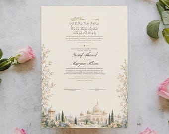 Puede incluir: Un certificado de matrimonio de color crema con caligrafía árabe en la parte superior, seguido de texto en inglés que nombra a Yusuf Ahmed y Maryam Khan. El borde inferior muestra una detallada ilustración en acuarela de un palacio con árboles.