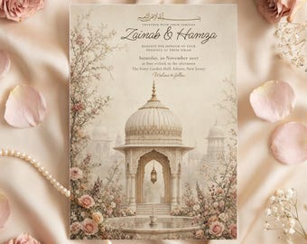 Puede incluir: Una tarjeta de invitación de boda rectangular con una ilustración de un pabellón con cúpula y fuente, rodeado de rosas rosadas. El texto dice: Zainab & Hamza, request the honour of your presence at their Nikah, Saturday, 20 November 2027.